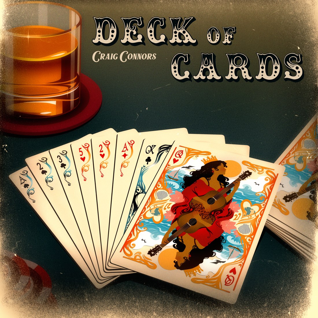 Deck of Cards cover art: playing cards and a glass against a vintage green background