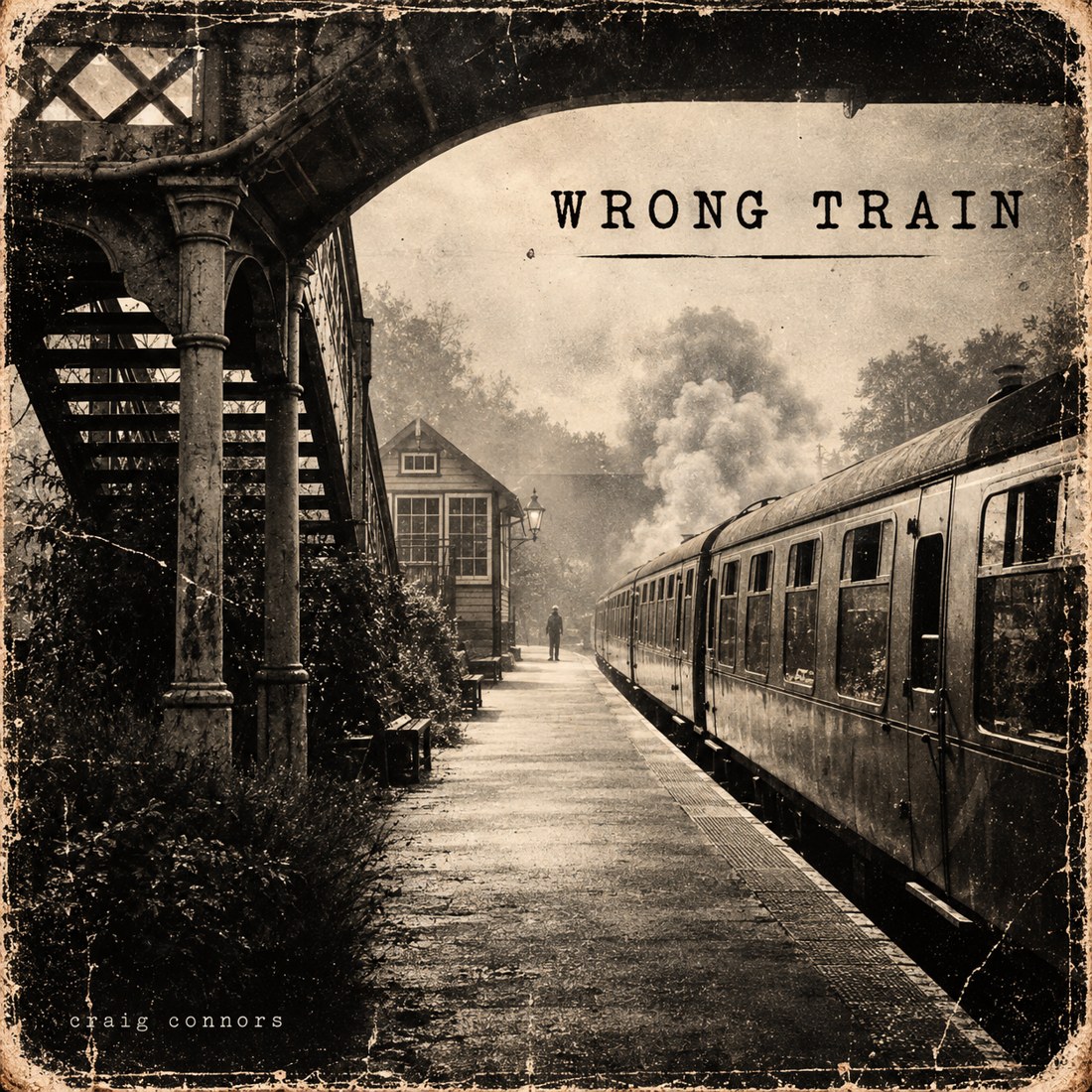 Wrong Train cover art: a vintage train at a weathered station